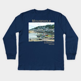 Mousehole, Cornwall, England UK fishing harbour boats art Kids Long Sleeve T-Shirt